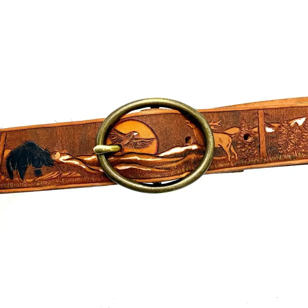Tooled Leather Western Belt 42 Elk Bear Eagle Wildlife Nature Scene Oval Buckle